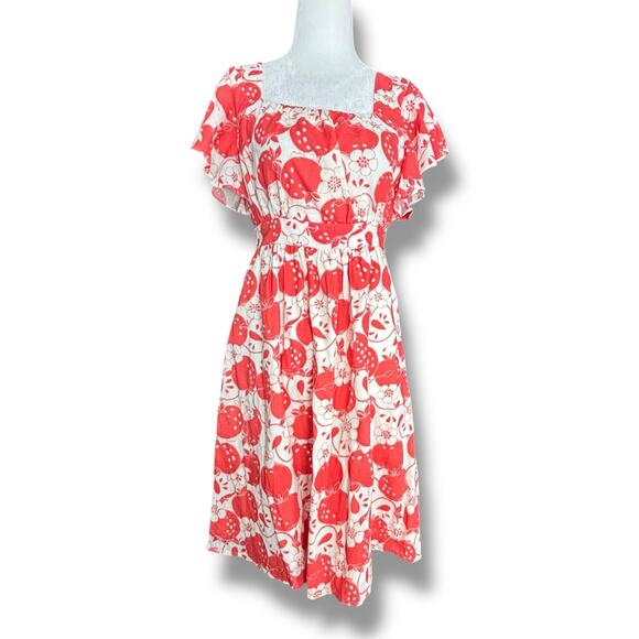 ModCloth Red Apple Print Flutter Sleeve Square Neck Cotton Midi Dress Small - Picture 1 of 11